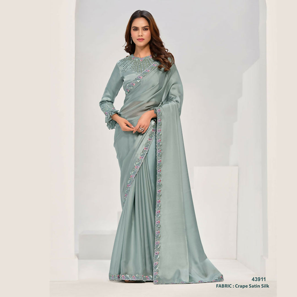 Sea Green Crepe Satin Silk Handwork Saree With Unstitched Blouse - Norita Saanjh