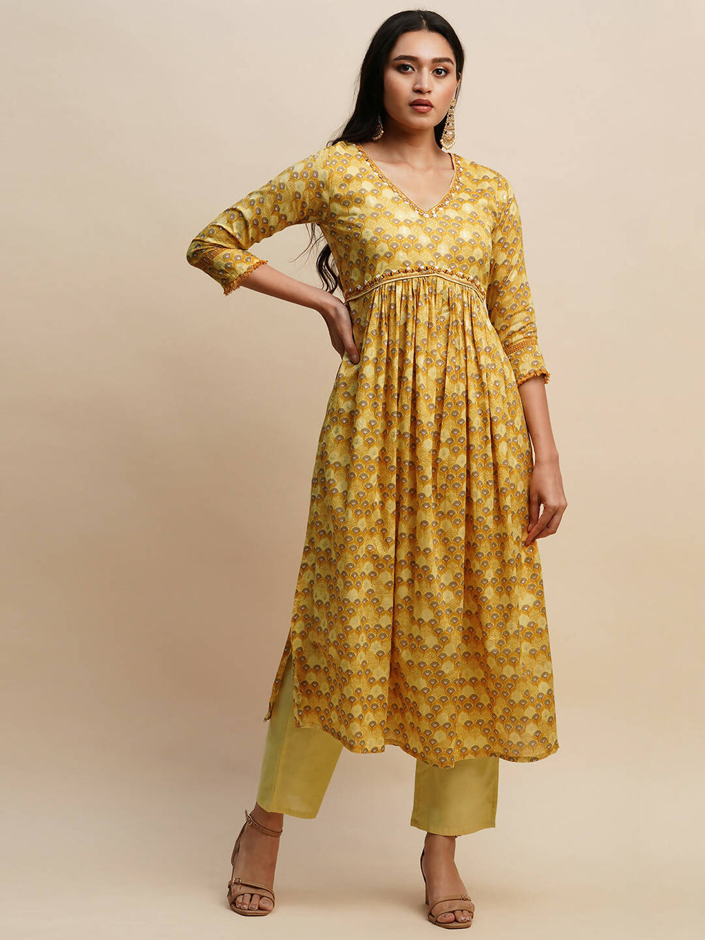 Mustard Pure Cotton Floral Printed Naira Cut Kurta And Bottom With Dupatta - Akashara