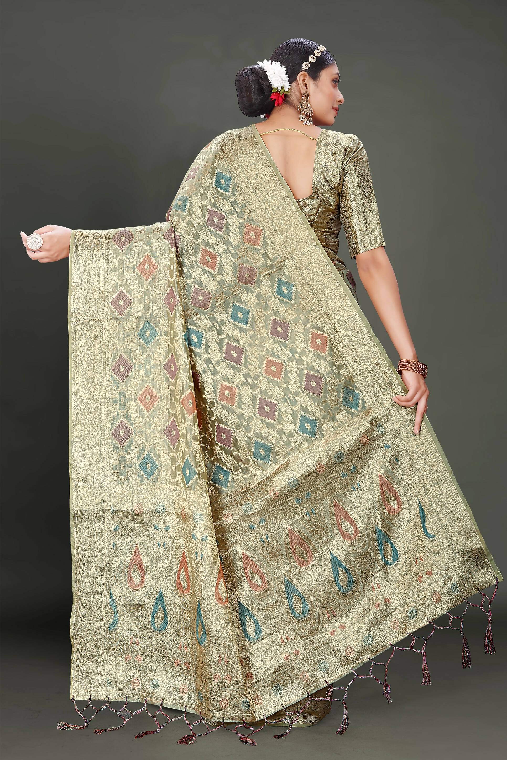 Grey Soft Organza Woven Design Saree With Unstitched Blouse Piece - Zaara