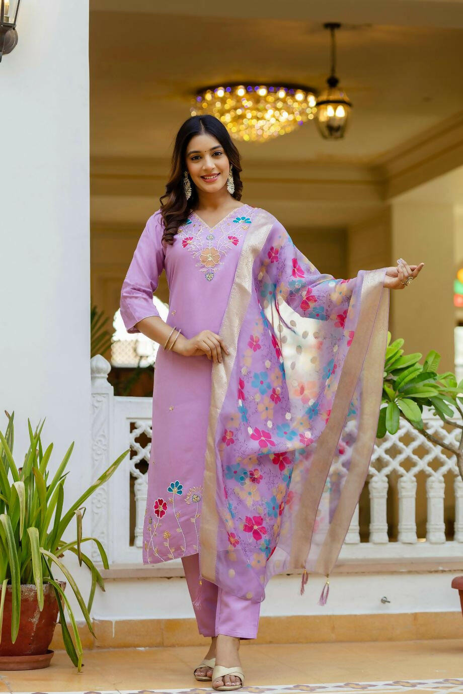 The52 Lavender Women's Gorgeous Embroidered work Viscose Gadhwal Fabric Straight Kurta, Pant and Dupatta Set