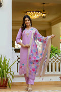 The52 Lavender Women's Gorgeous Embroidered work Viscose Gadhwal Fabric Straight Kurta, Pant and Dupatta Set