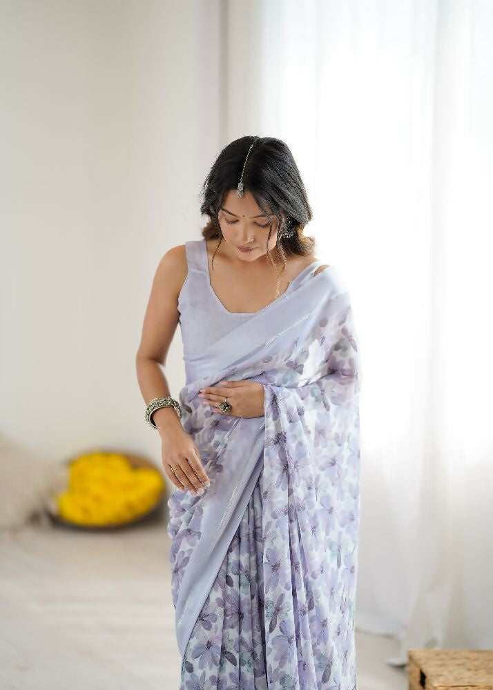 PR Fashion Light_Purple Bright Moss Satin Patta Printed Saree