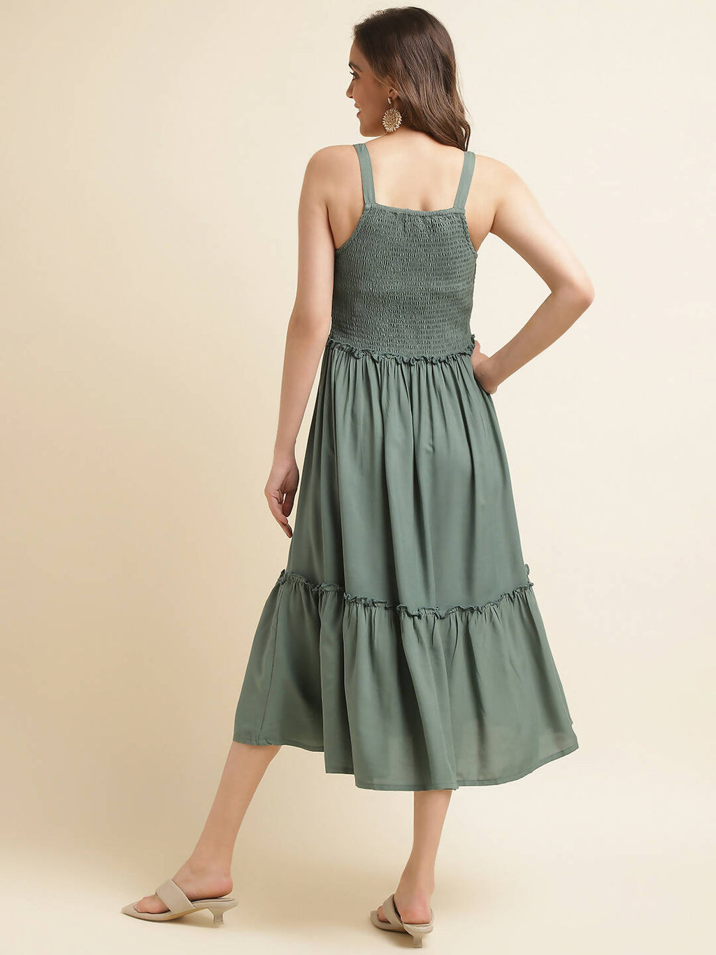 Green Cotton Solid Flared Dress with Printed Shrug - Yukti