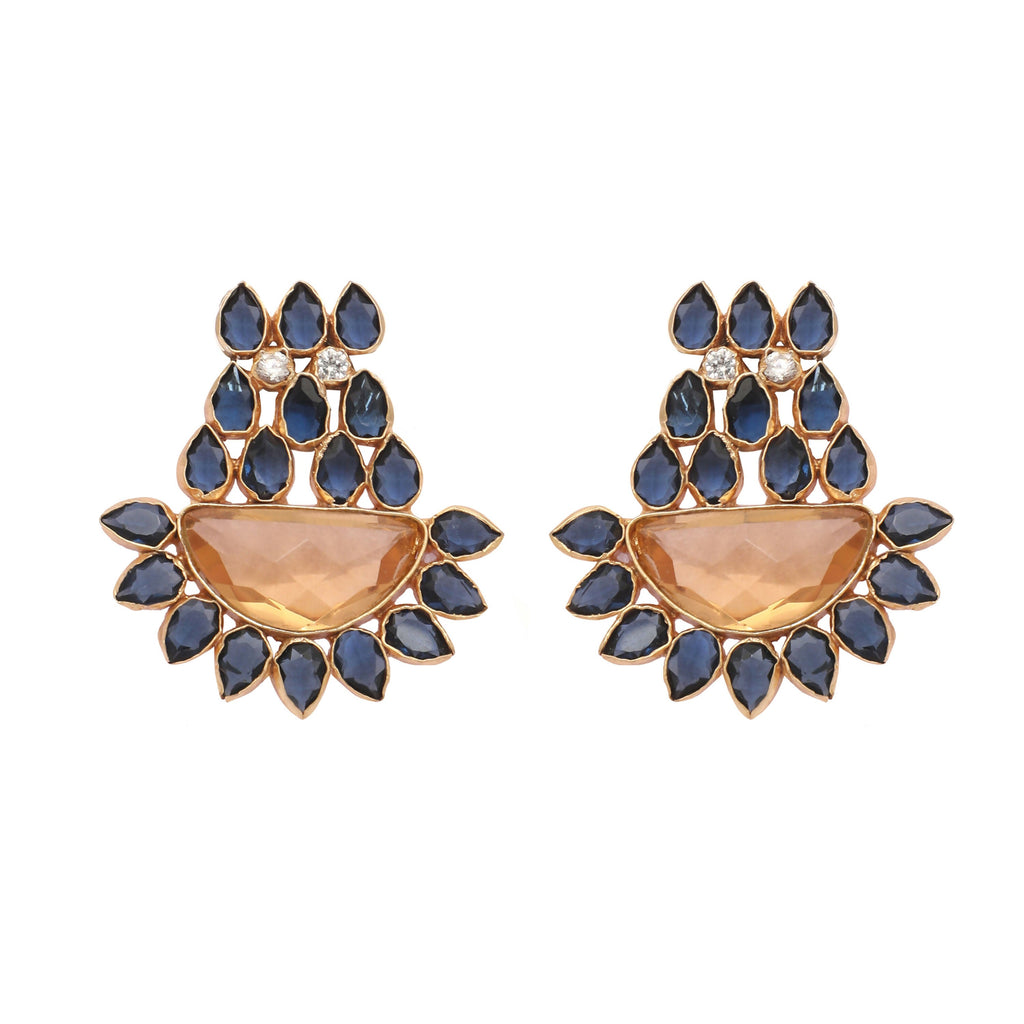Nuyug 22K Gold Plated Crystal Studded Contemporary Floral Shaped Stud Earrings