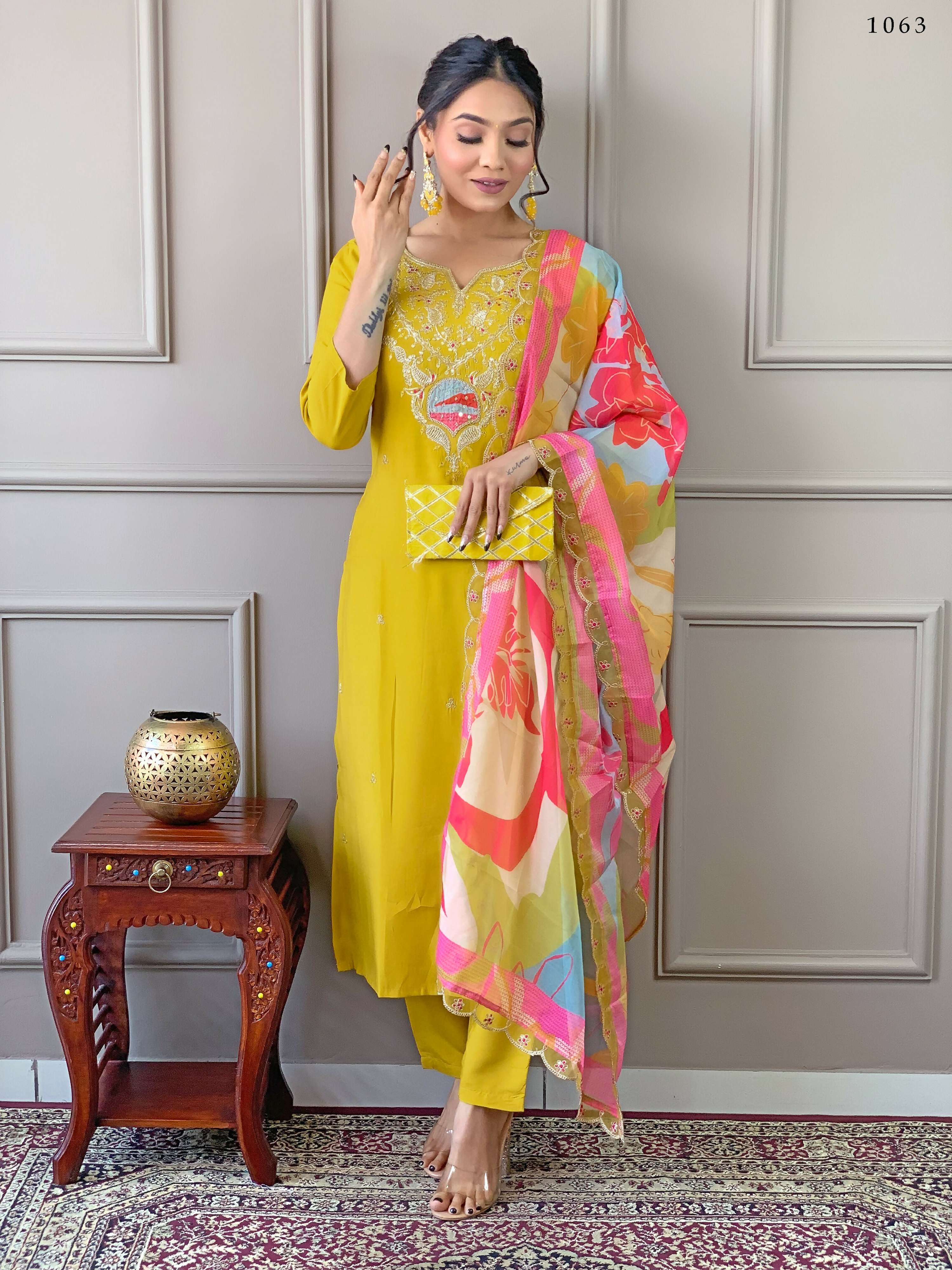 PartywearDesigner Viscose Yellow Stitched Suit With Dupatta - Tanisha