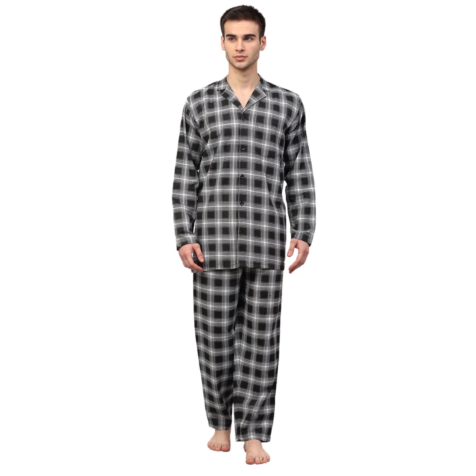 Jainish Men Black & White Checked Night suit