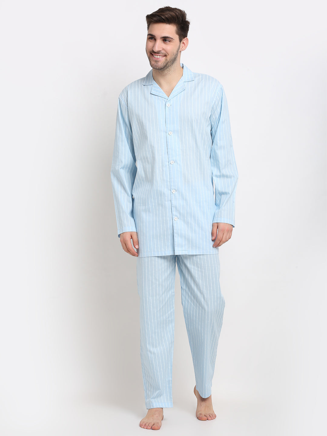 Jainish Men's Sky Cotton Striped Night Suits ( GNS 002Sky )