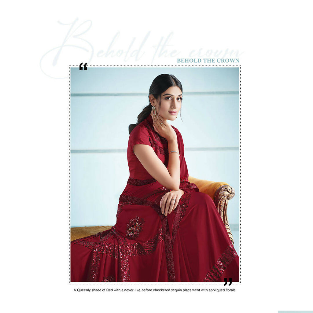 Red Lycra Sequence Embroidery Saree with Unstitched Blouse Piece - Norita Elaura