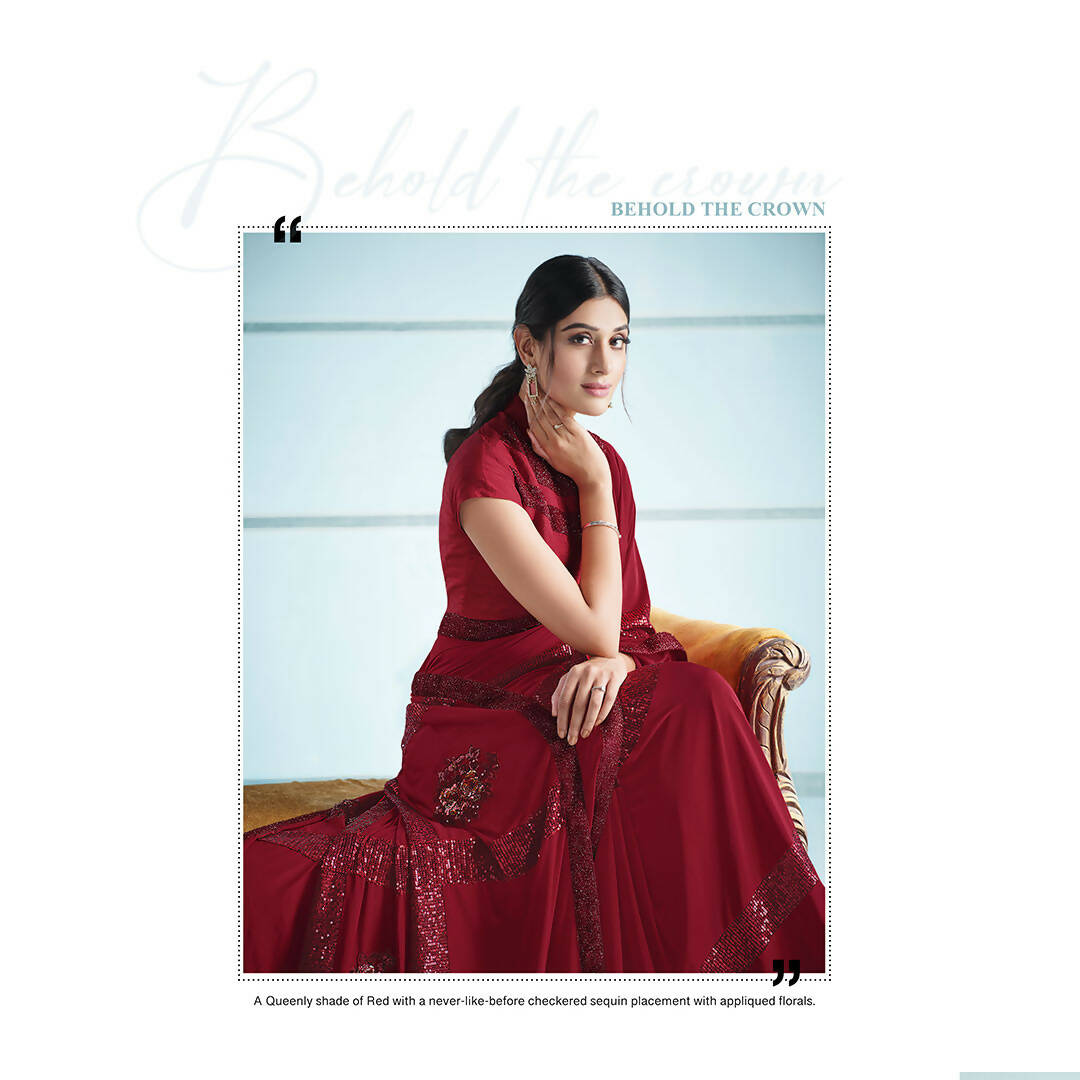 Red Lycra Sequence Embroidery Saree with Unstitched Blouse Piece - Norita Elaura