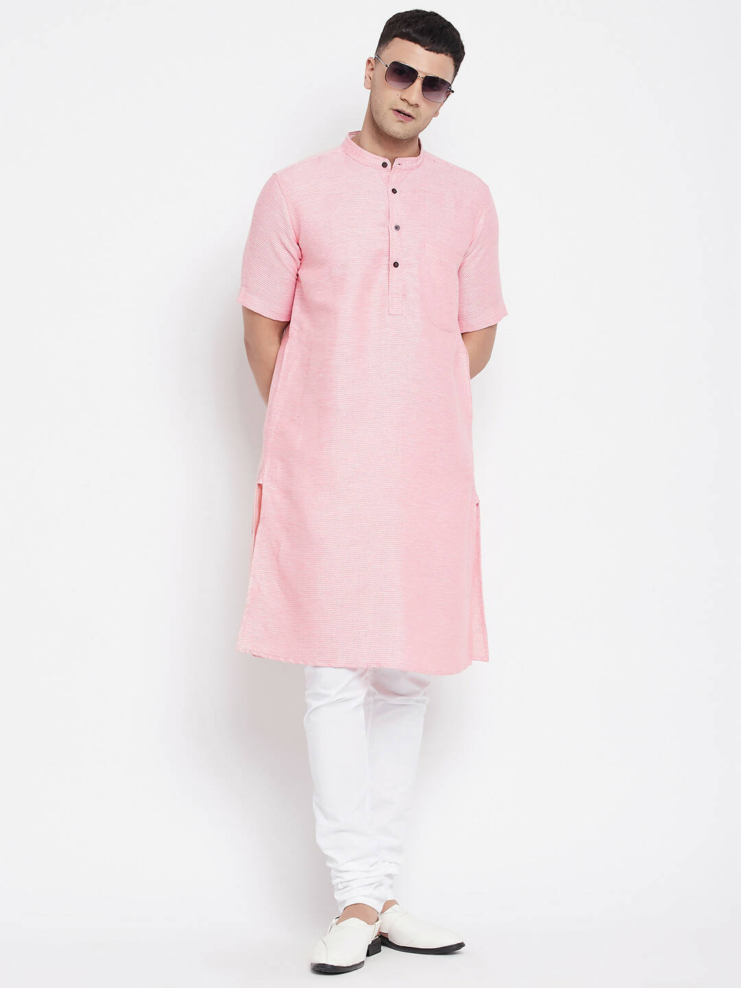 Even Apparels Pink Pure Cotton Men's H/S Kurta With Band Collar