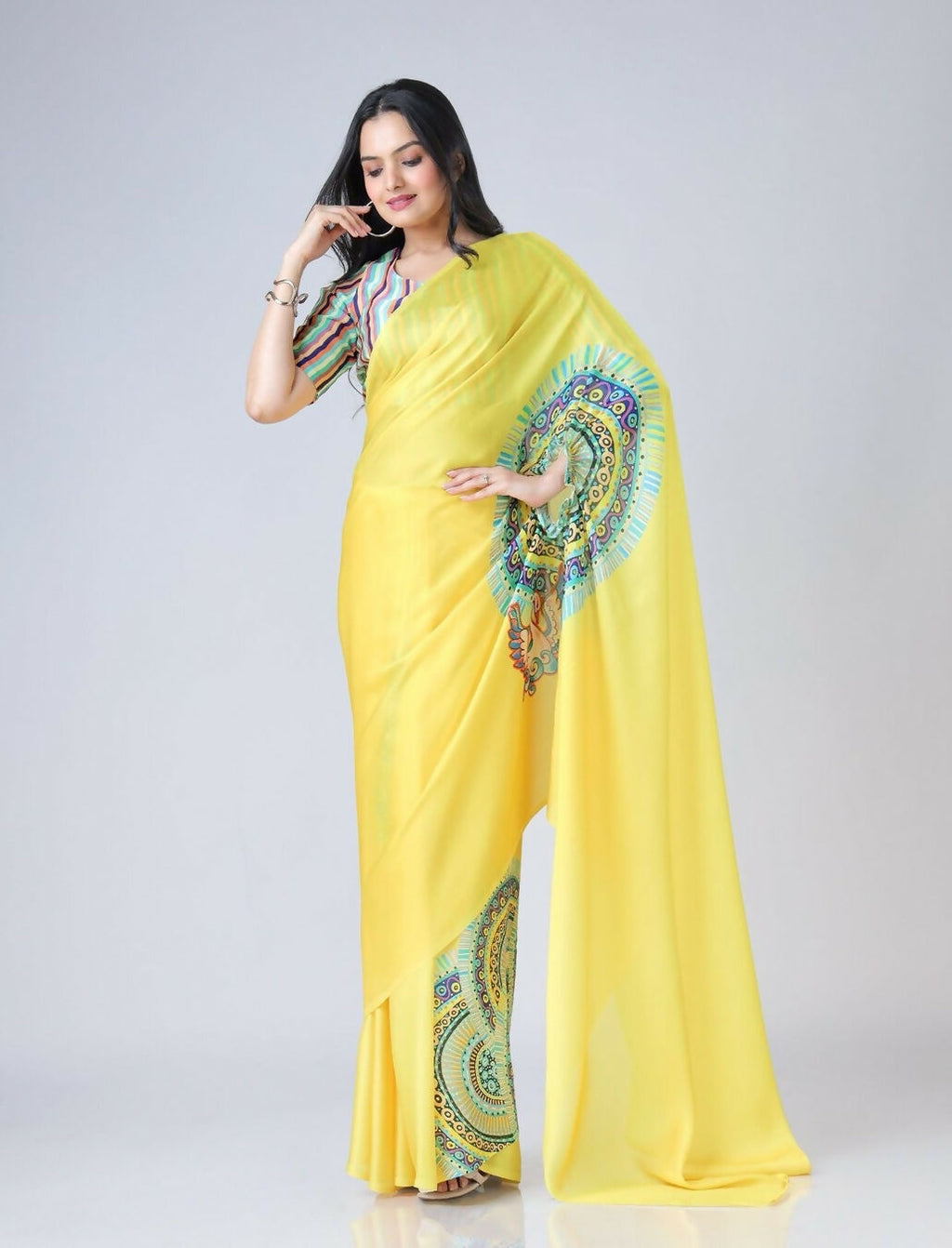 Vastranavya Yellow Ready to Wear Swan Print Free Hand Saree