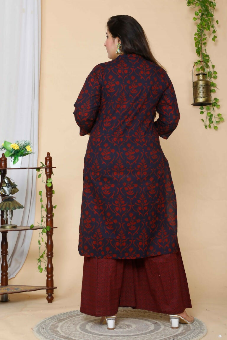 Miravan Women's Maroon Plus Size Floral Pure Cotton Kurta With Sharara And Dupatta Set