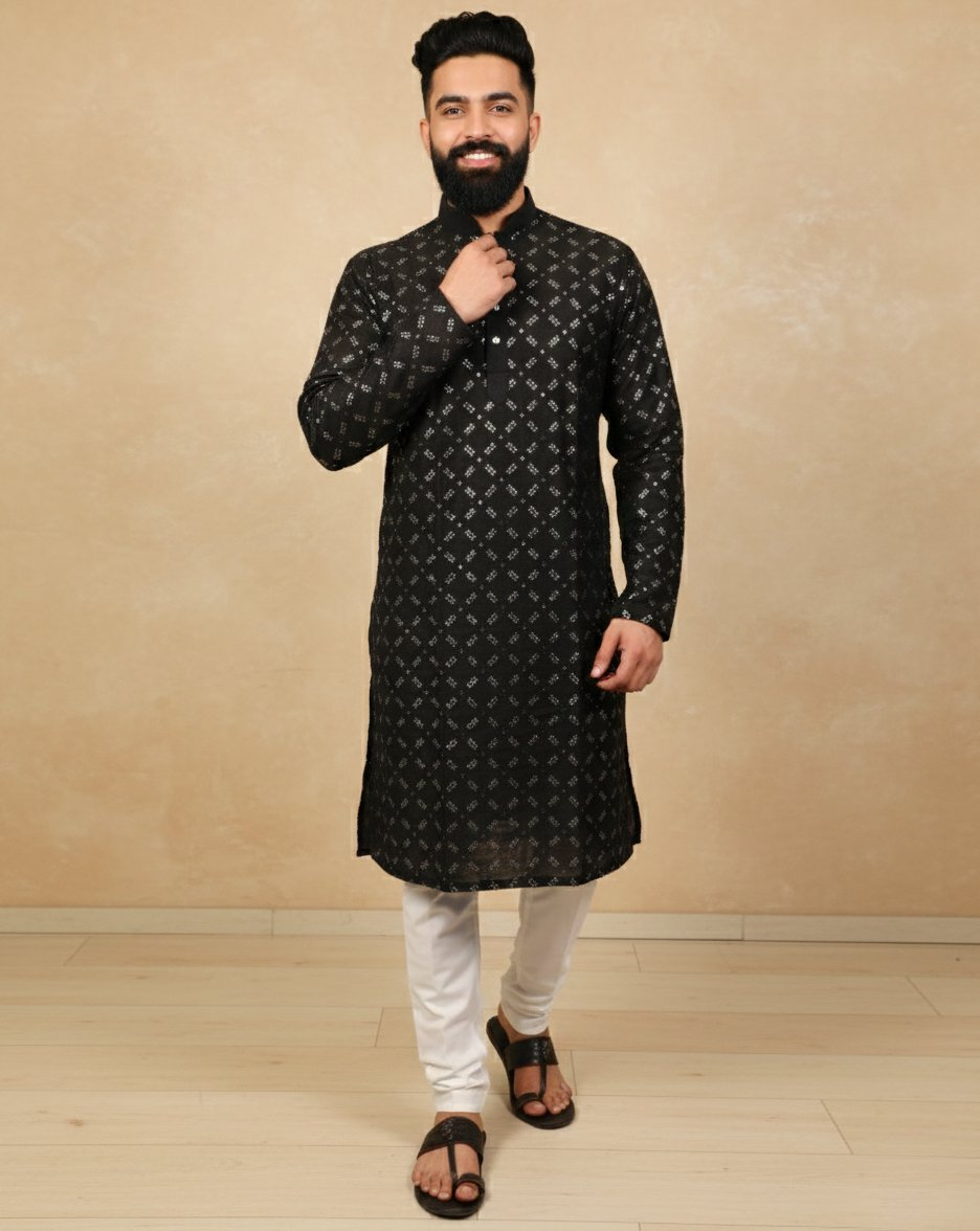 Neera Trendz Black Heavy Soft Silk Mirror Work Men's Kurta Pyjama