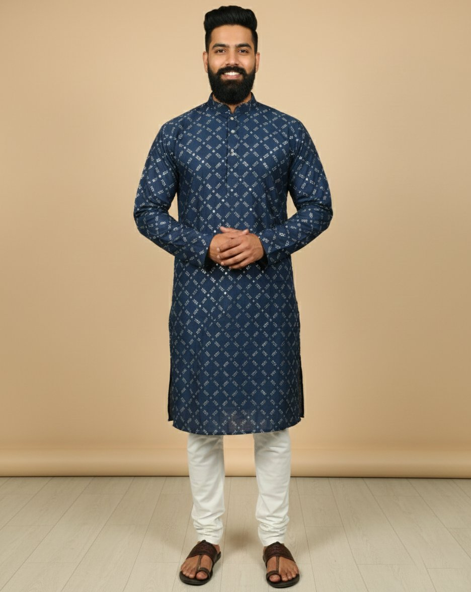 Neera Trendz Navy Blue Heavy Soft Silk Mirror Work Men's Kurta Pyjama