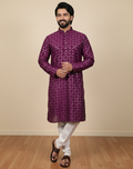 Neera Trendz Wine Heavy Soft Silk Mirror Work Men's Kurta Pyjama