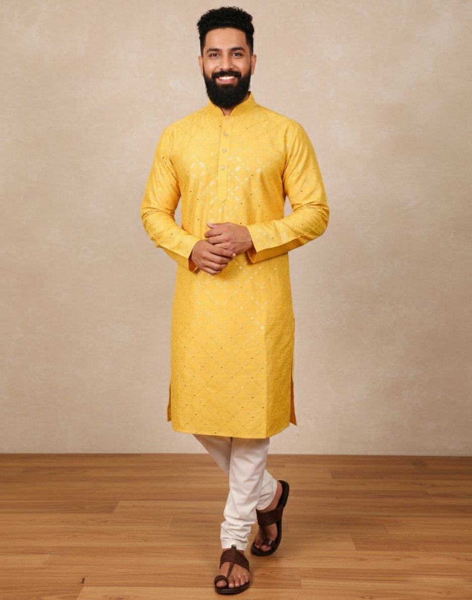 Neera Trendz Yellow Heavy Soft Silk Mirror Work Men's Kurta Pyjama