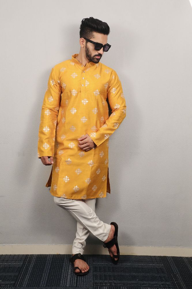 Neera Trendz Mustard Soft Parbon Silk Embroidered Men's Kurta Pyjama