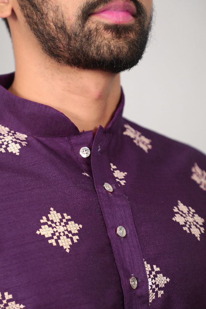 Neera Trendz Violet Soft Parbon Silk Embroidered Men's Kurta Pyjama