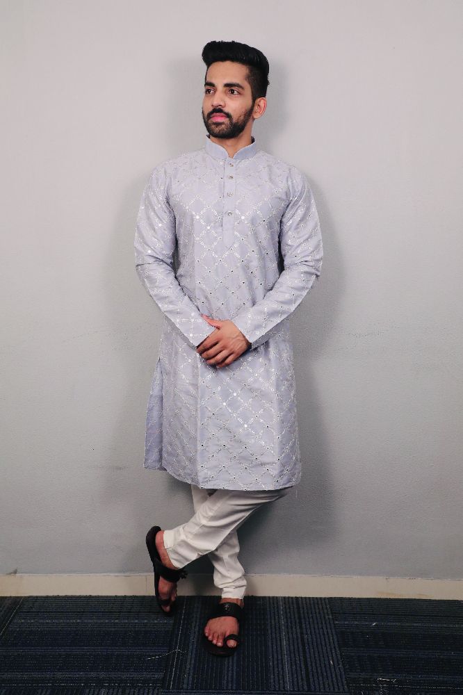 Neera Trendz Light Mauve Heavy Soft Silk Mirror Work Men's Kurta Pyjama