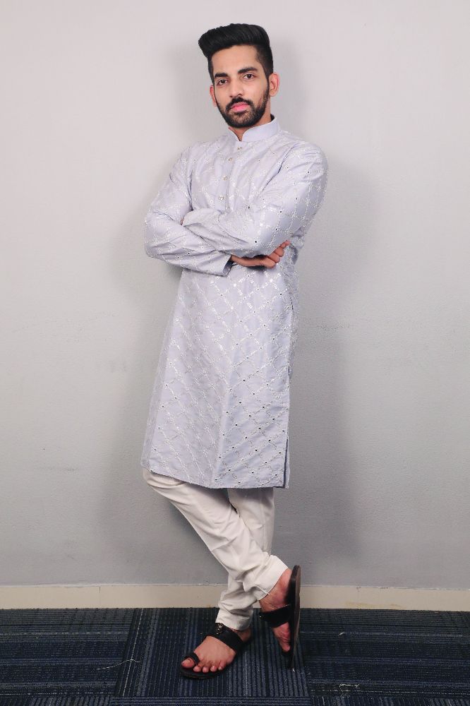 Neera Trendz Light Mauve Heavy Soft Silk Mirror Work Men's Kurta Pyjama