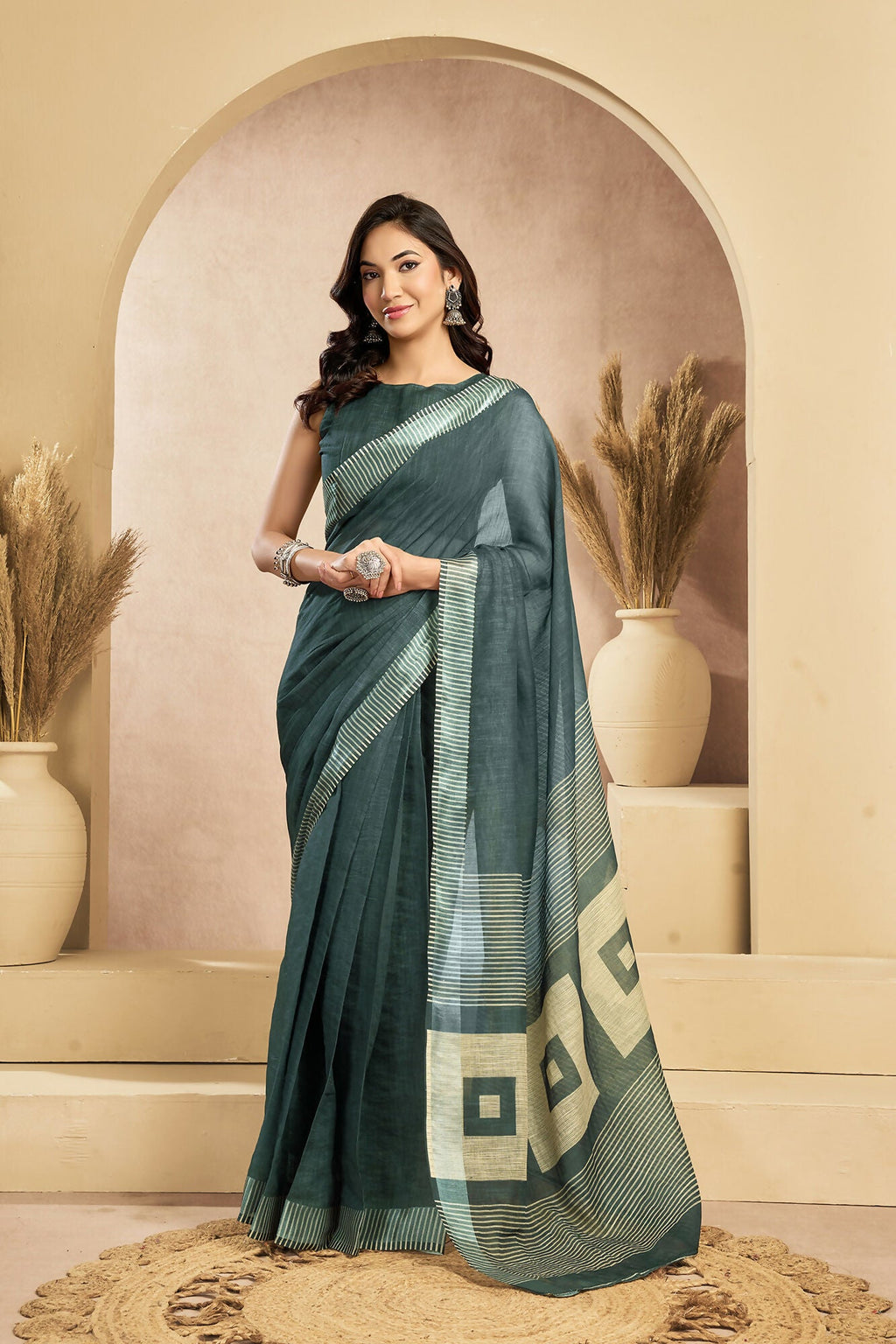 Vastranavya Morpeach Digital Printed Linen Ready To Wear Pocket Saree with Unstitched Blouse