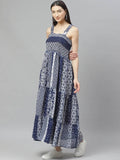 Myshka Navy Blue And White Geometric Printed Maxi Tiered Dress