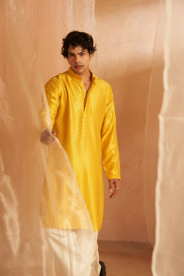 Yellow Viscose Chikankari Embroidery Work Men's Traditional Kurta Set - Mahotsav