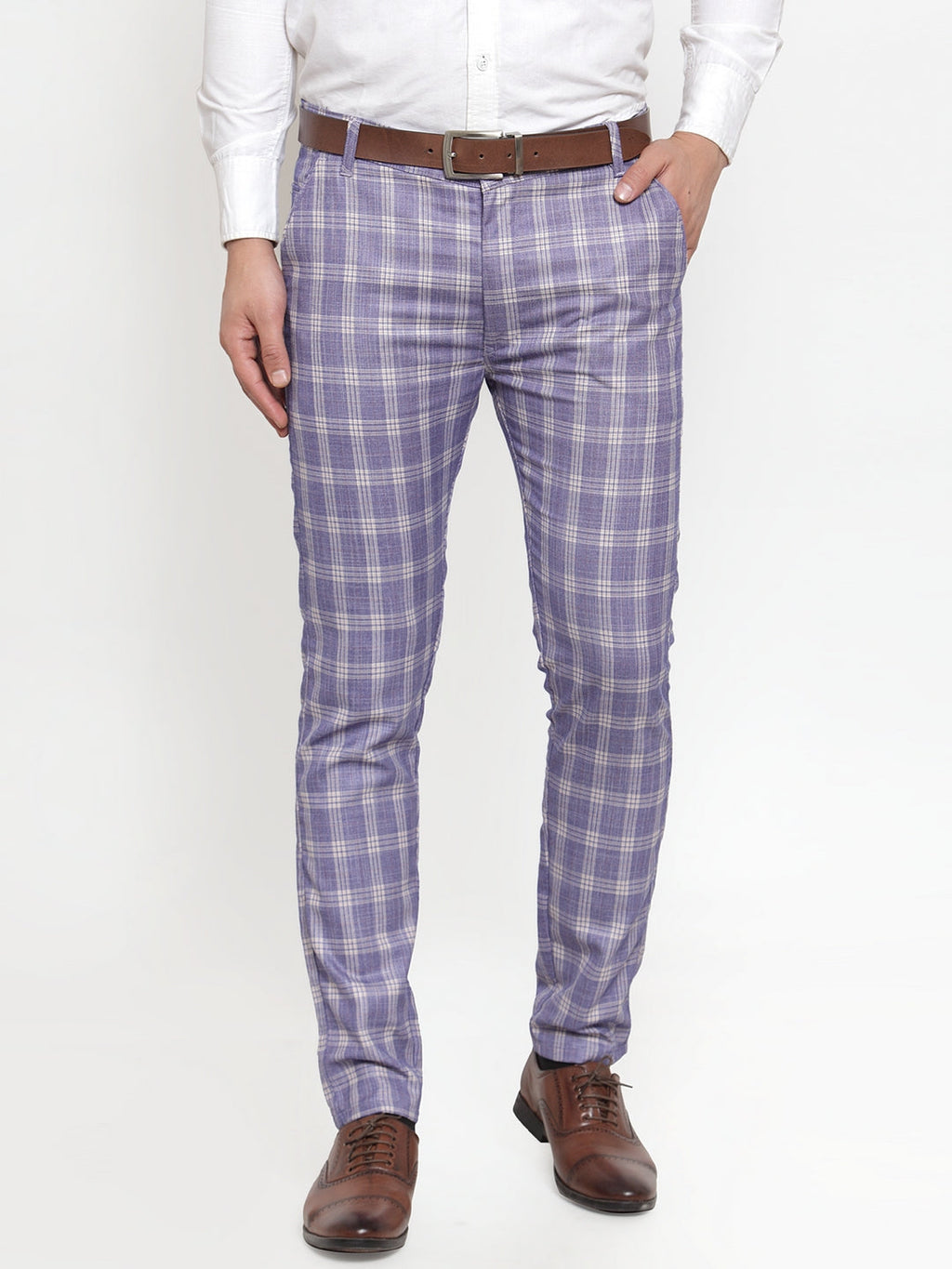 Jainish Men's Blue Checked Formal Trousers ( GP 254Light-Blue )