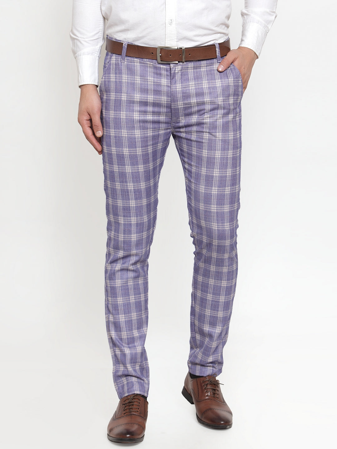 Jainish Men's Blue Checked Formal Trousers ( GP 254Light-Blue )