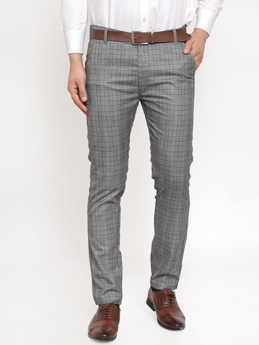 Jainish Men's Grey Checked Formal Trousers