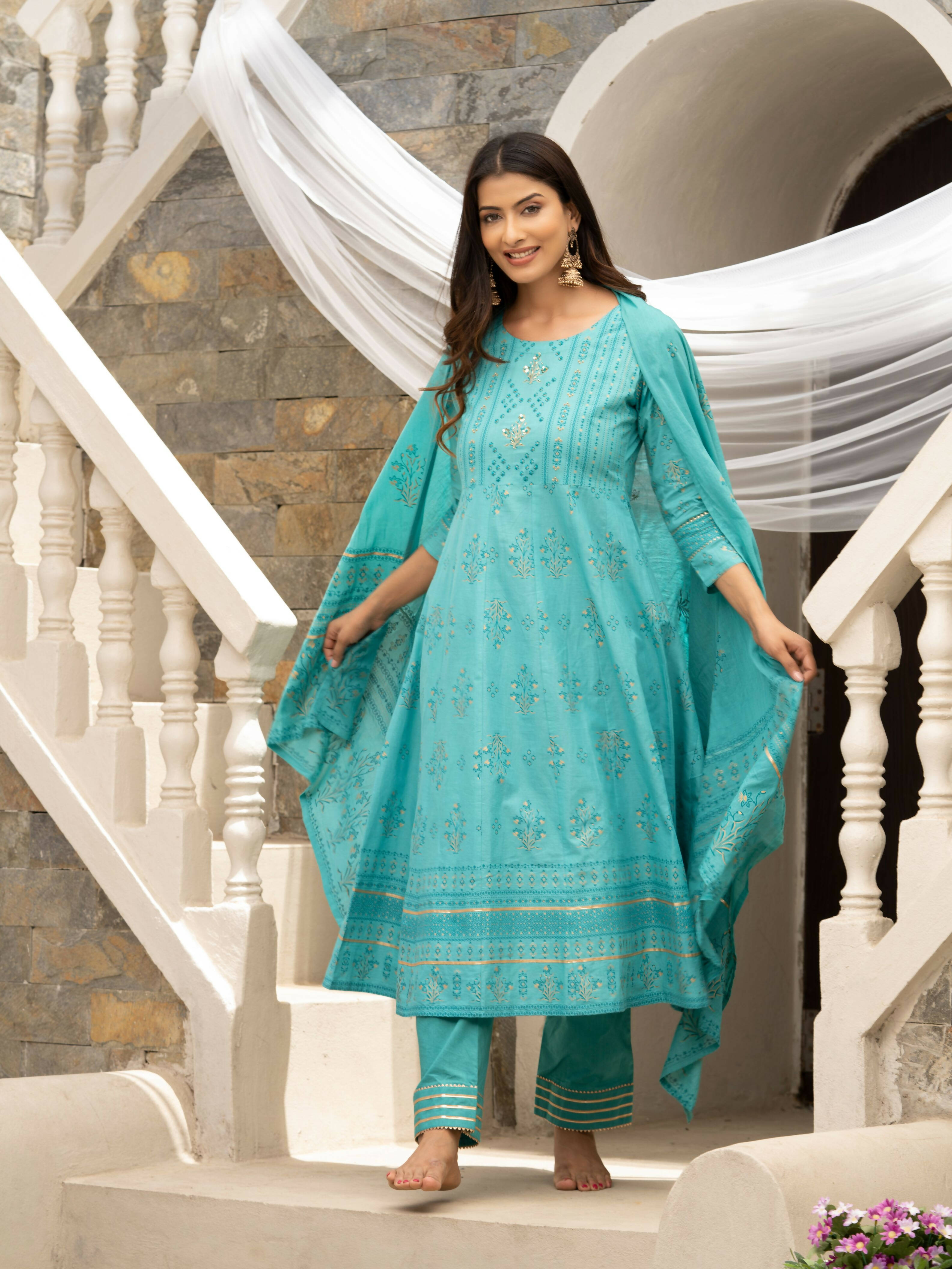 Sky Blue Cotton Cambric Printed with Sequins work Anarkali Kurta with Pant & Dupatta - Akashara