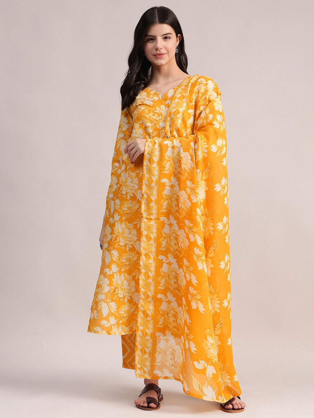 Aavyora Women Mustard Yellow Floral Printed Kurta with Chevron Printed Pants & Dupatta Set