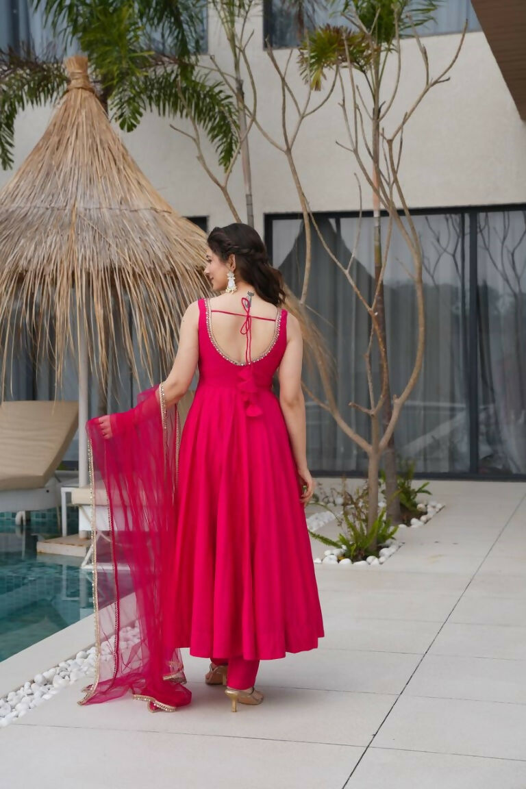 Teeya Creation Pink Color Pure Roman Silk Mirror Lace Party Wear Gown
