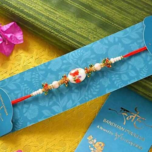 White Pearl Beads Rakhi & Laddu Hamper Combo