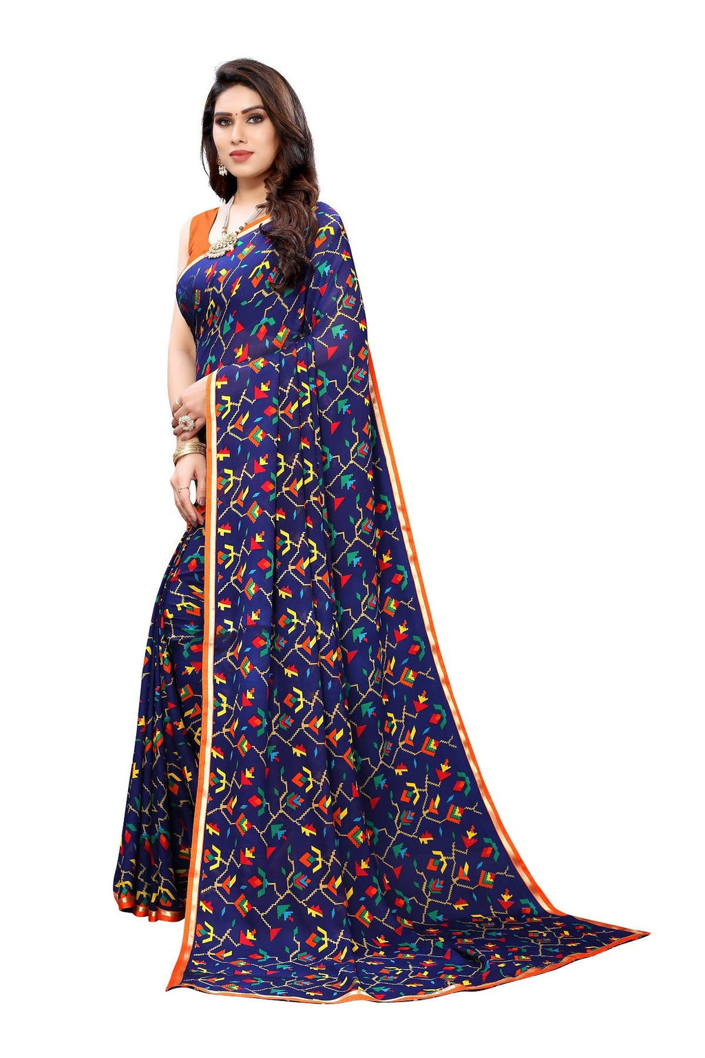 Vamika Ethnic Fire Blue Printed With Lace Saree