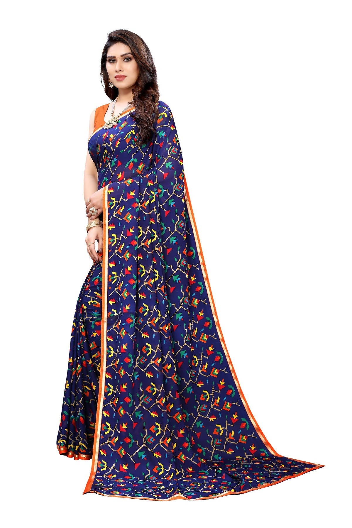 Vamika Ethnic Fire Blue Printed With Lace Saree