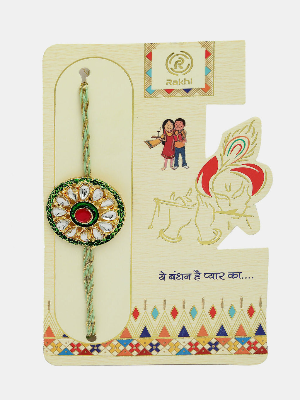 NVR Women & Men Set of 2 Gold Kundan-Studded Handcrafted Wraparound Rakhi Set With Roli Chawal & Chocolate
