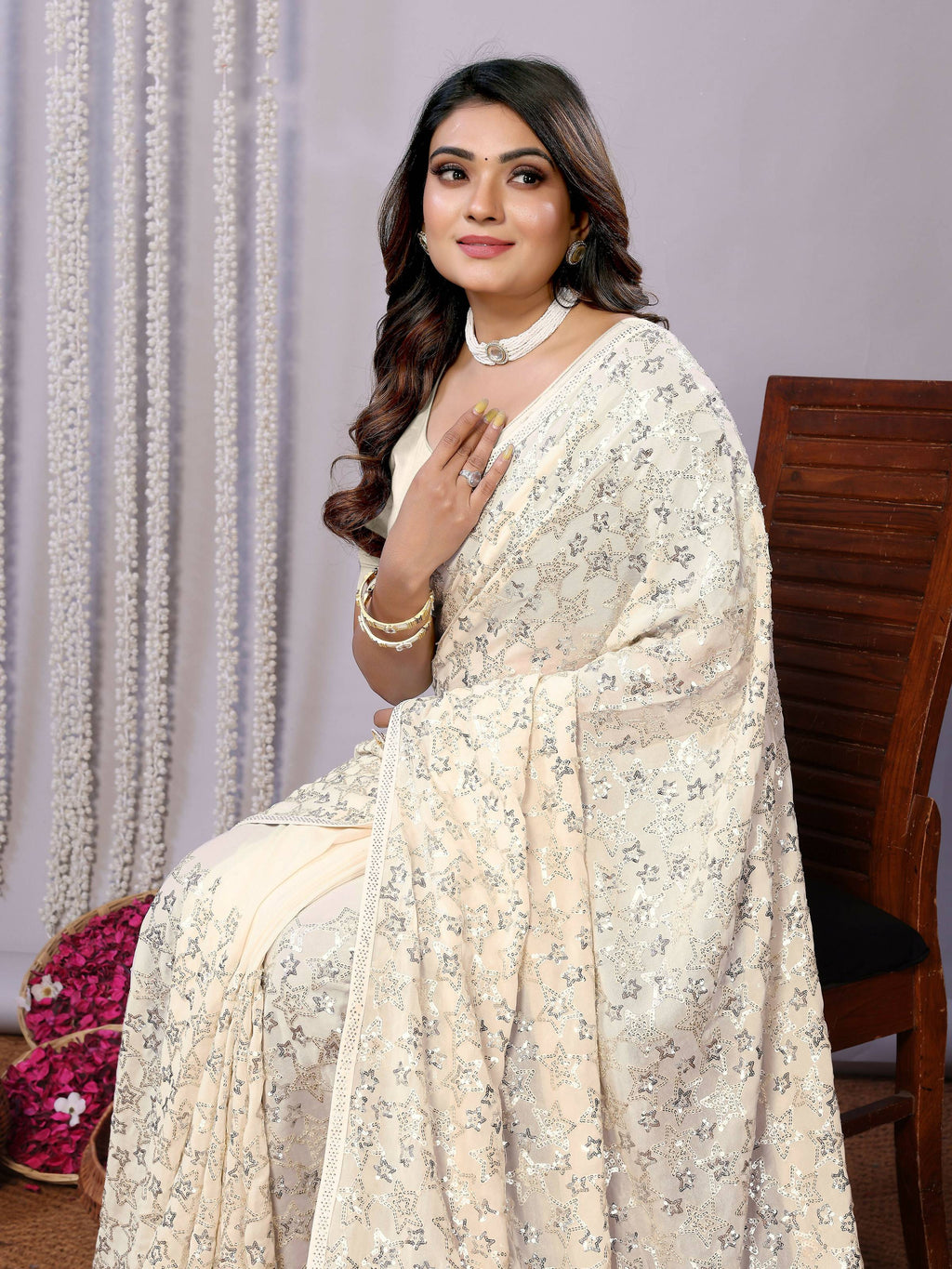 White Pure Georgette Embroidered Saree With Stitched Blouse - Nimaya Kaksha