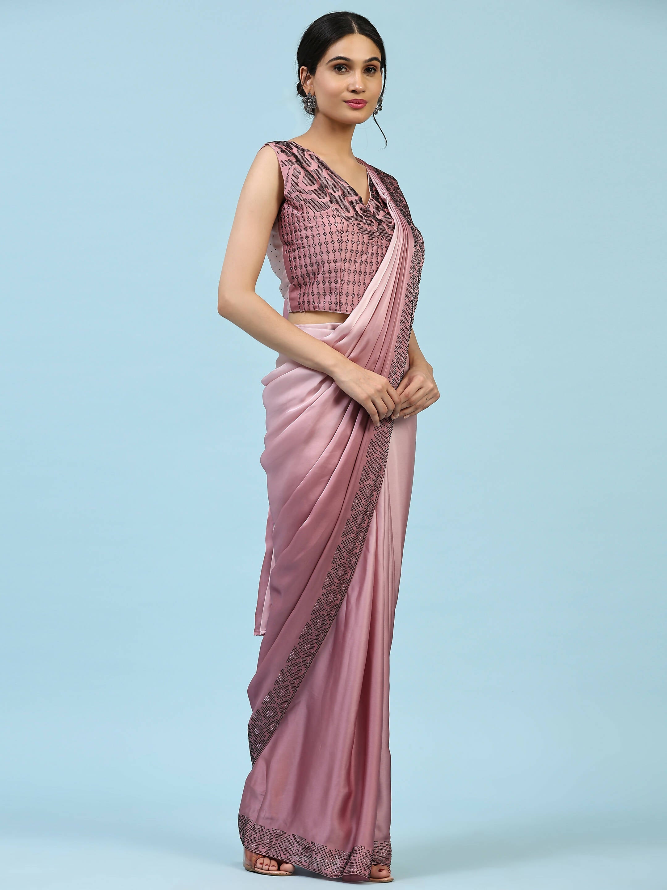 Purple Ombre Satin Georgette Plain Ready to wear Saree with stitched Blouse - Vrinda