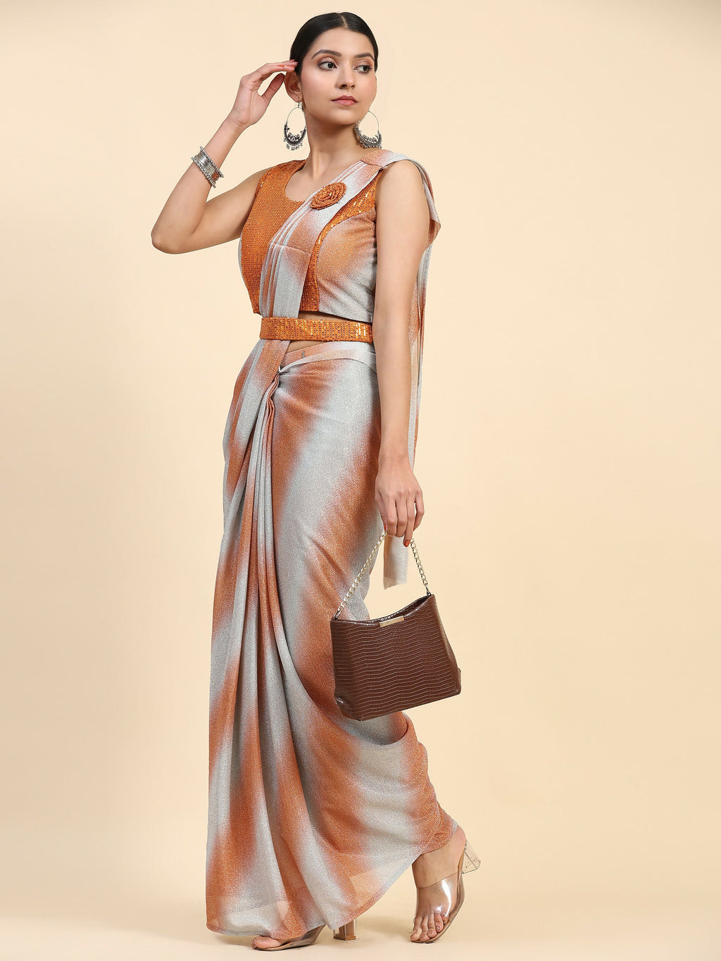 Orange Polyester Solid Ready to Wear Saree with stitched Blouse - Aayan