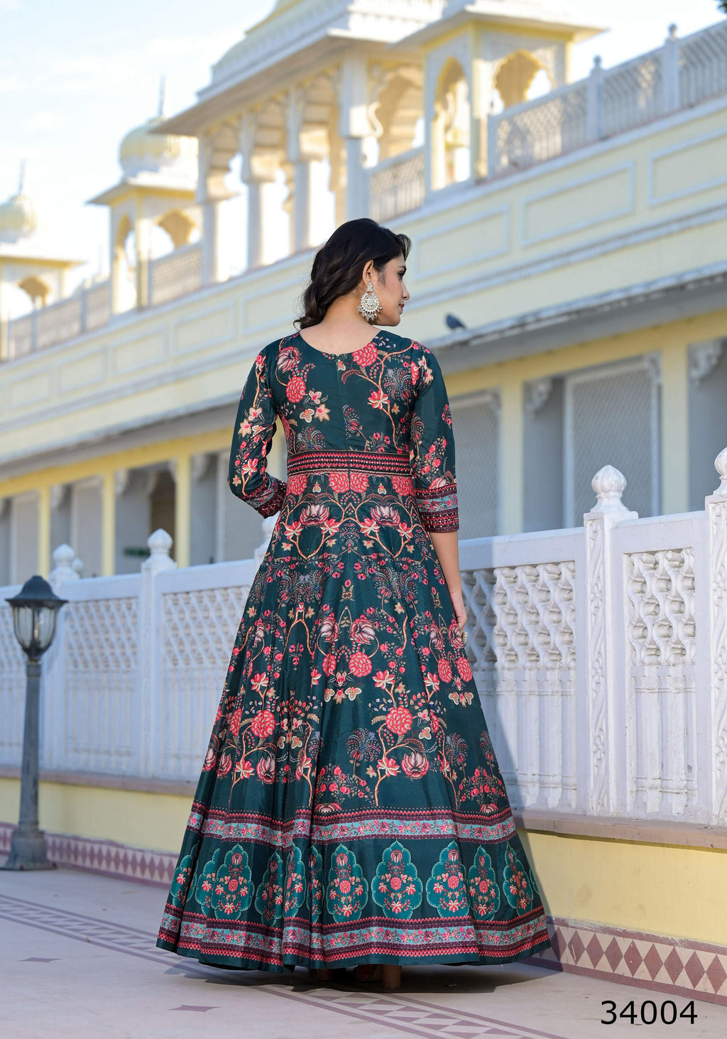 Partywear Designer Green Dola Silk Anarkali suit with Dupatta - Suzen