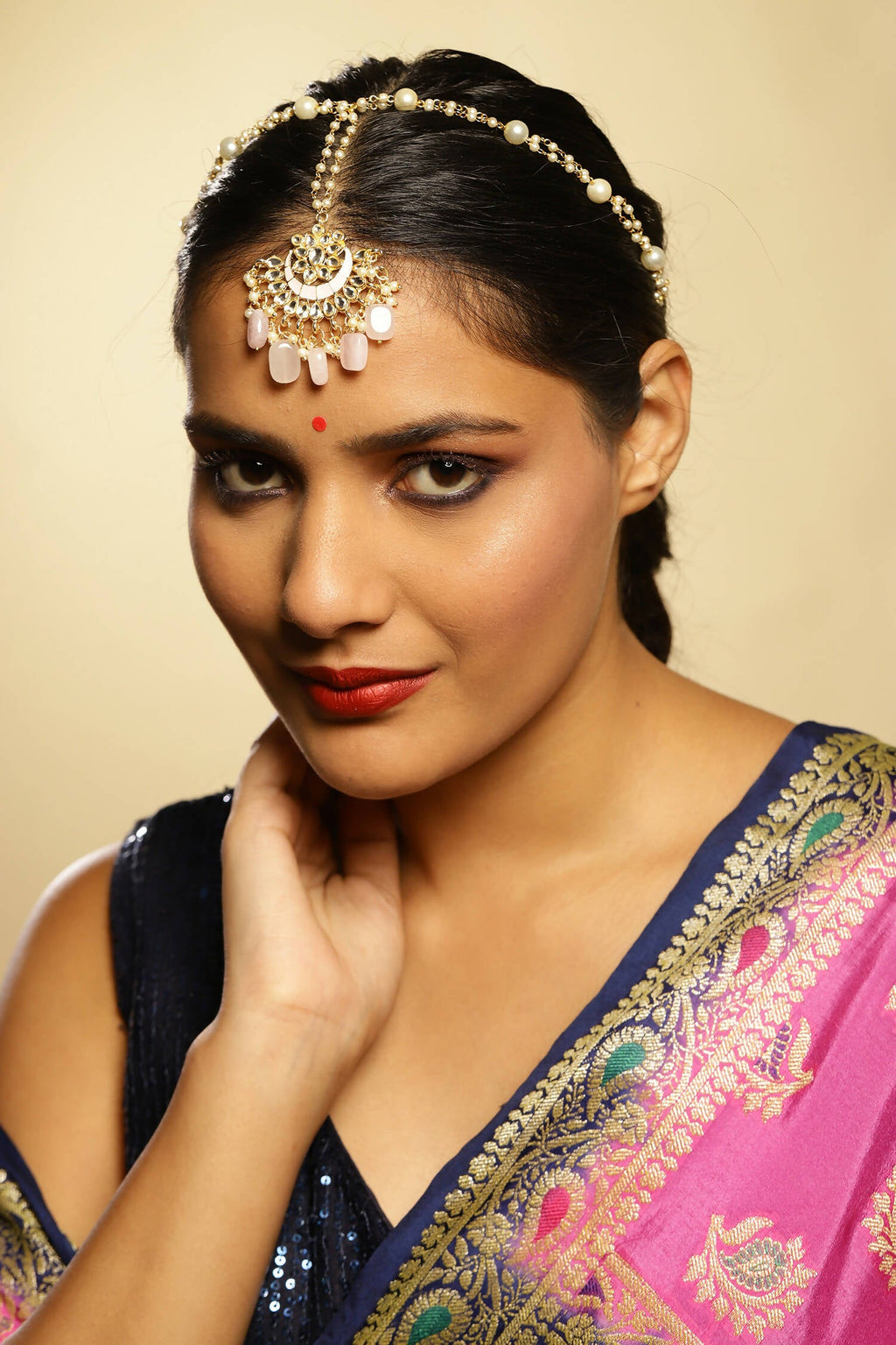 Gold-Polished White Kundan-Studded Pearl Beaded Matha Patti - Ruby Raang