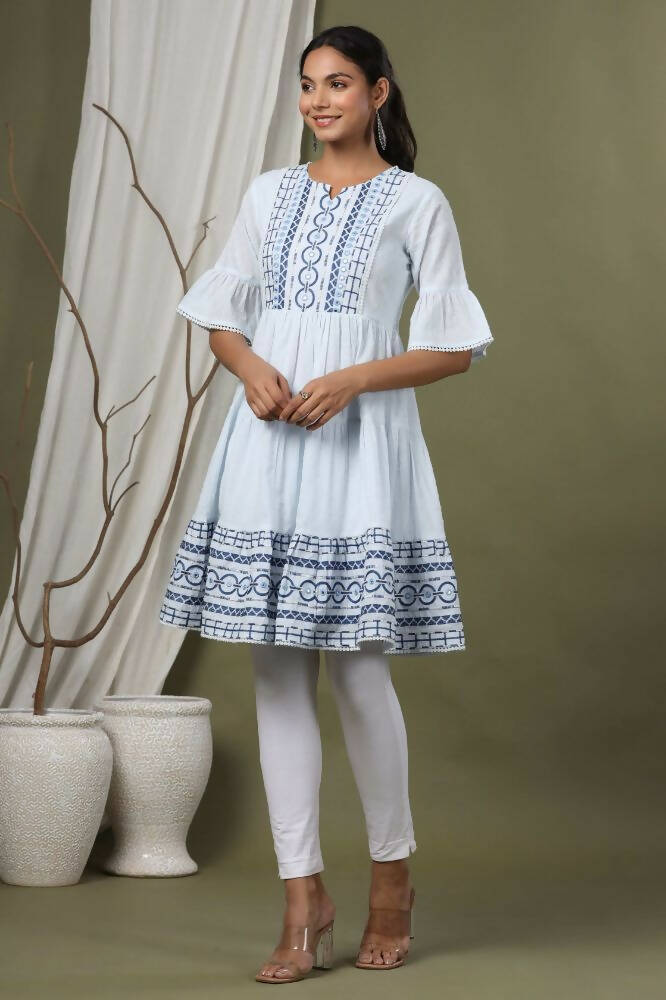 Juniper Sky Blue Cotton Dobby Festive Embroidered Tiered Dress For Women