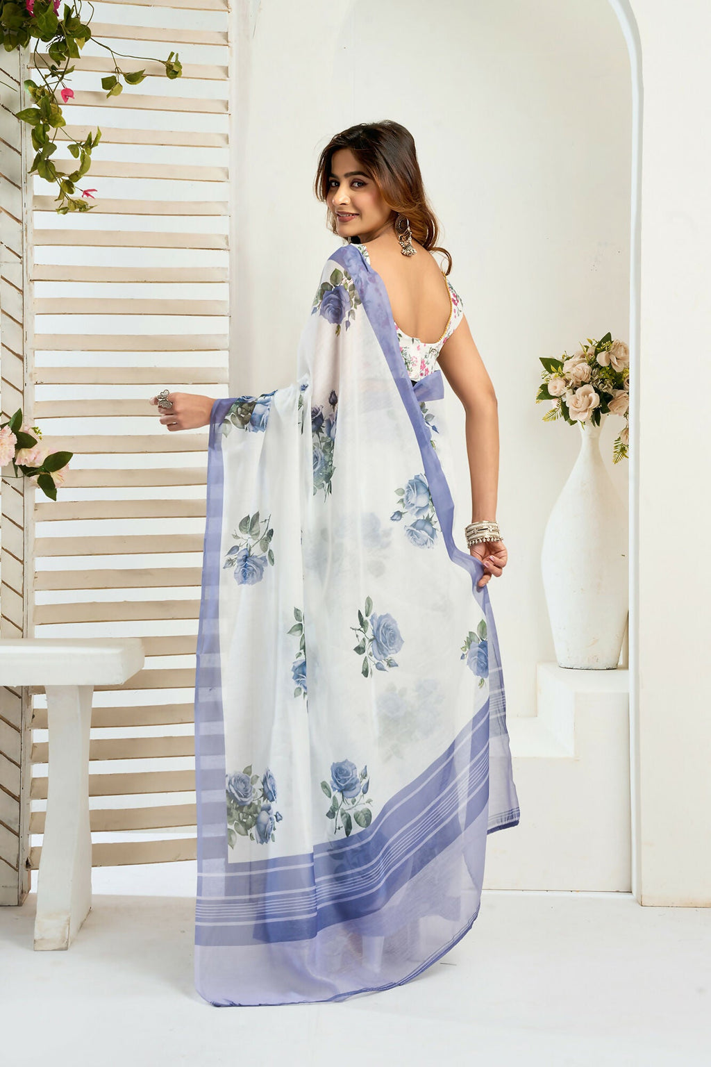 Vastranavya Blue Digital Printed Linen Ready To Wear Designer Saree with Unstitched Blouse