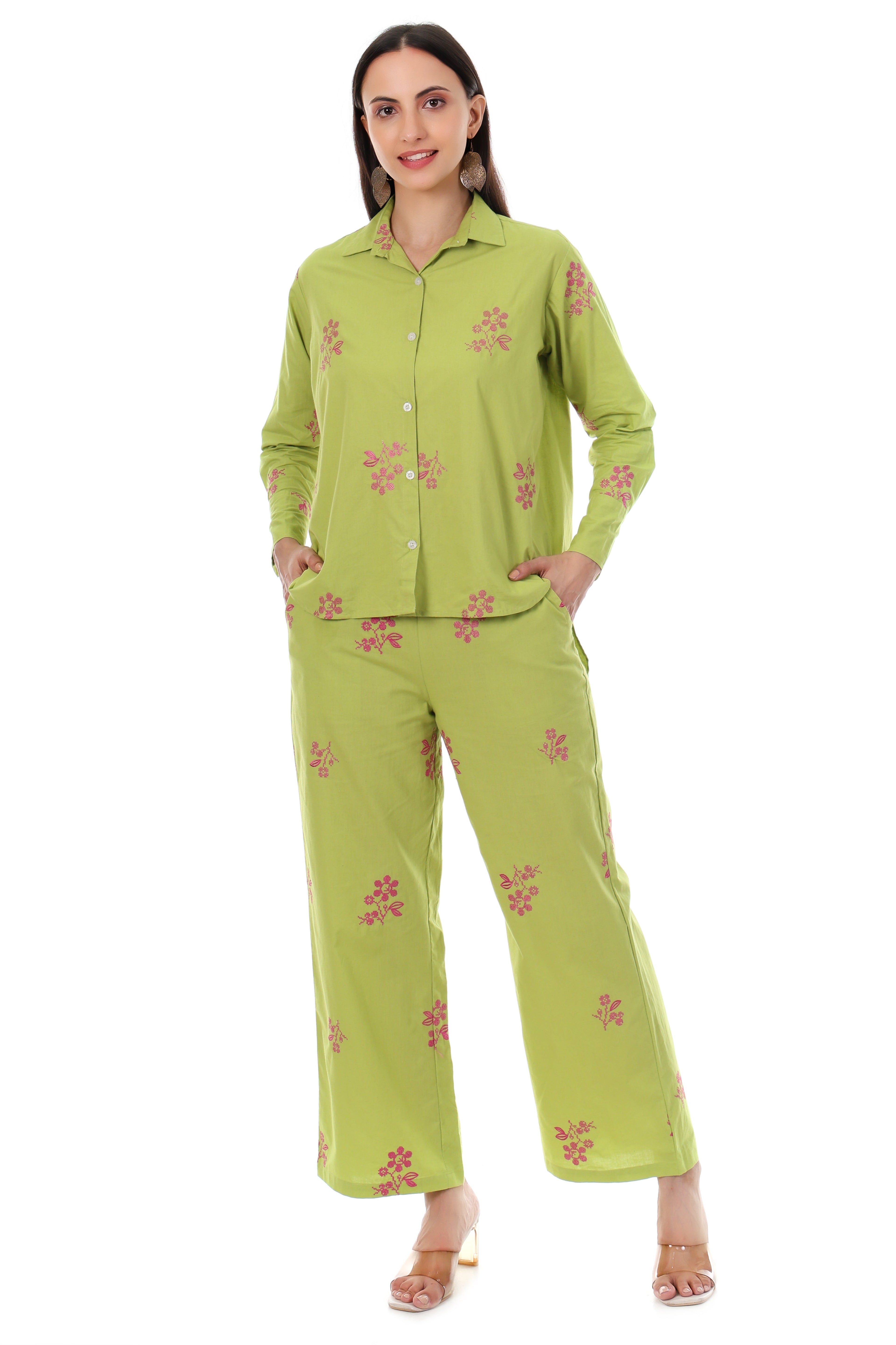 Jaitra Apparels Green Embroidered Premium Pure Cotton Co-Ord Set For Women