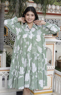 Miravan Women's Pure Cotton Green Long Puff Sleeve Loose Fit Gathered Fit And Flare Tiered Dress