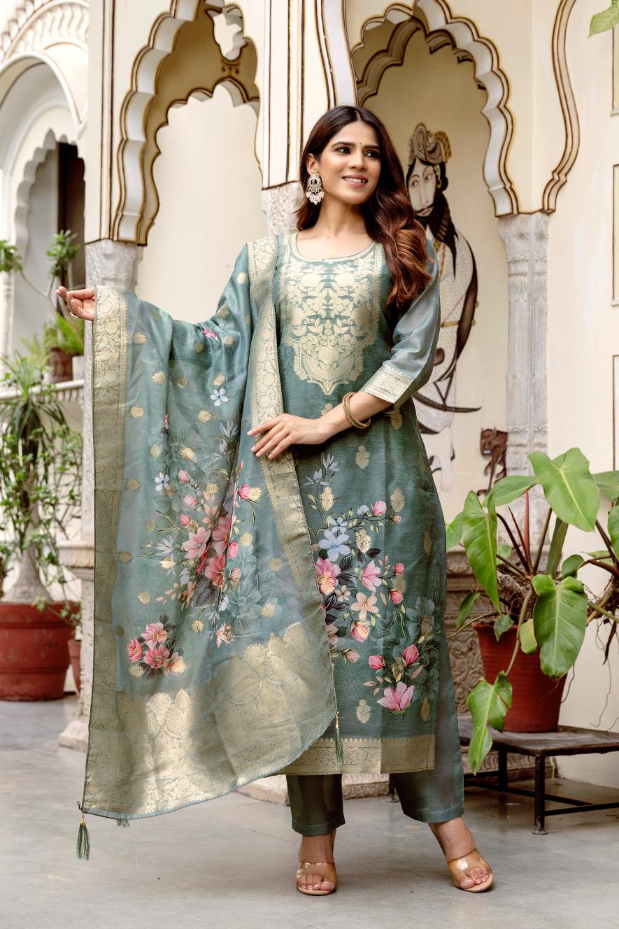 The52 Women Gorgeous Chanderi Cotton Fabric Straight Kurta, Pant and Dupatta Set