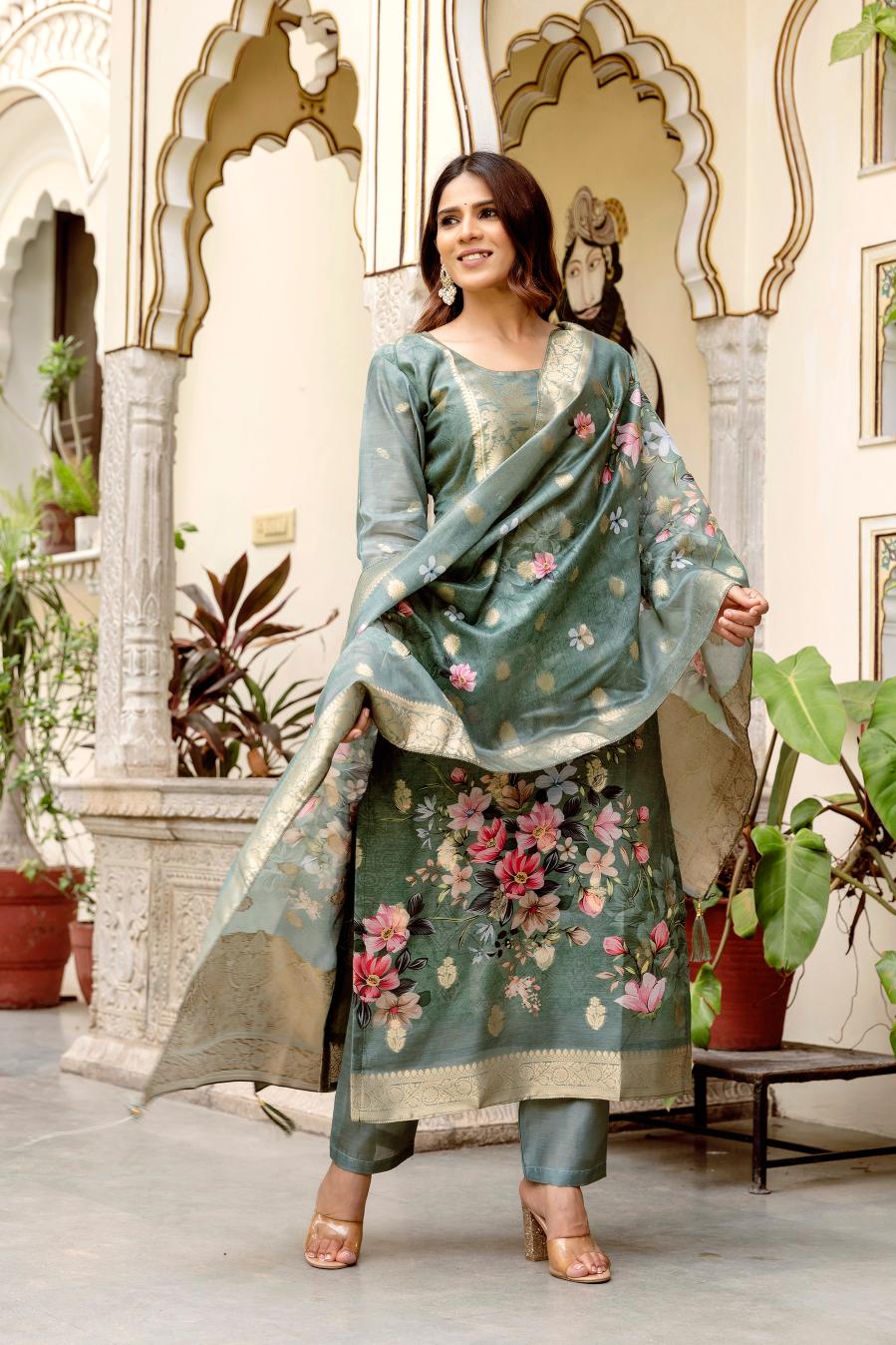 The52 Women Gorgeous Chanderi Cotton Fabric Straight Kurta, Pant and Dupatta Set