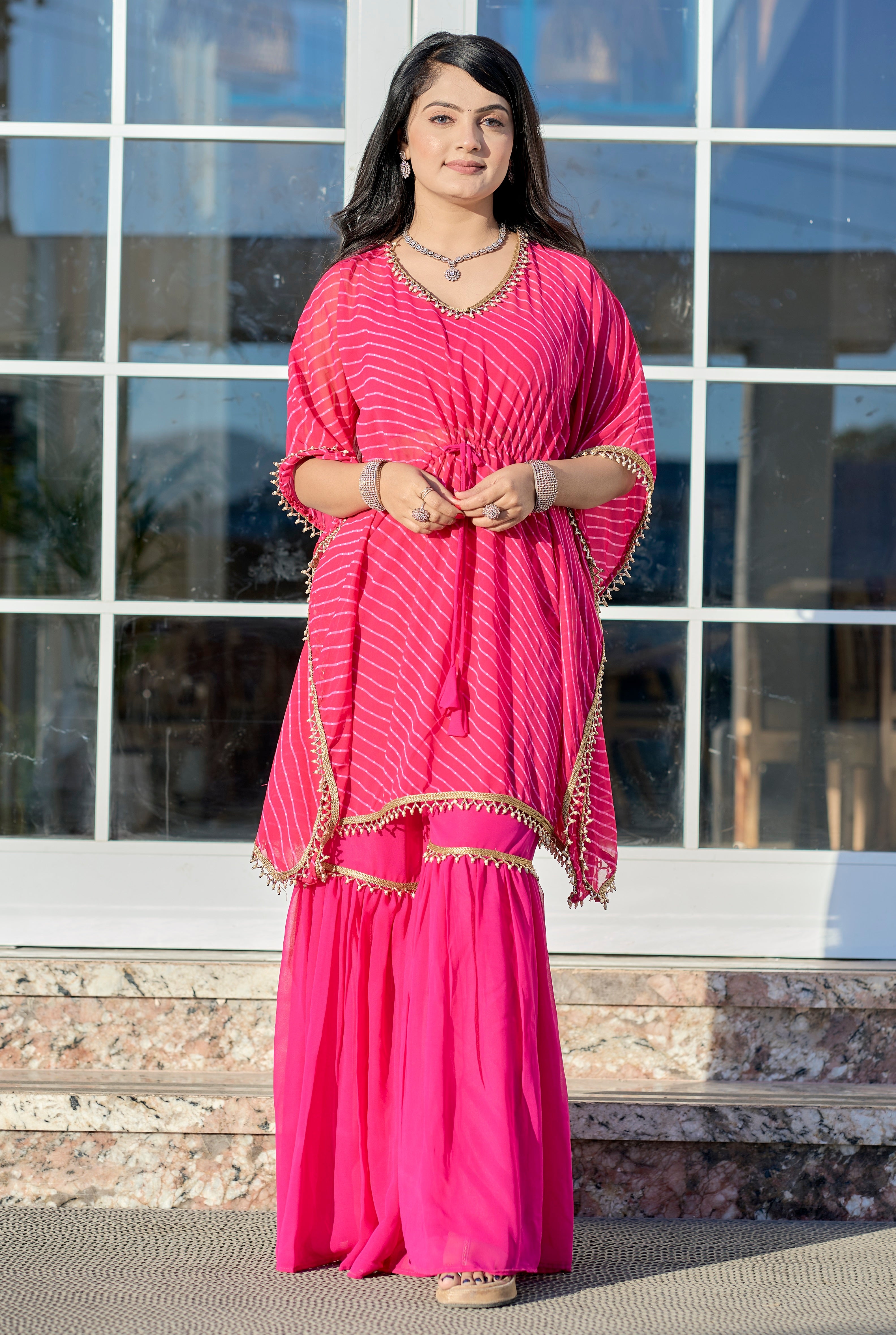 Vedant Vastram Leheriya Print Pure Georgette Sharara Cordset With Kaftan - Pink