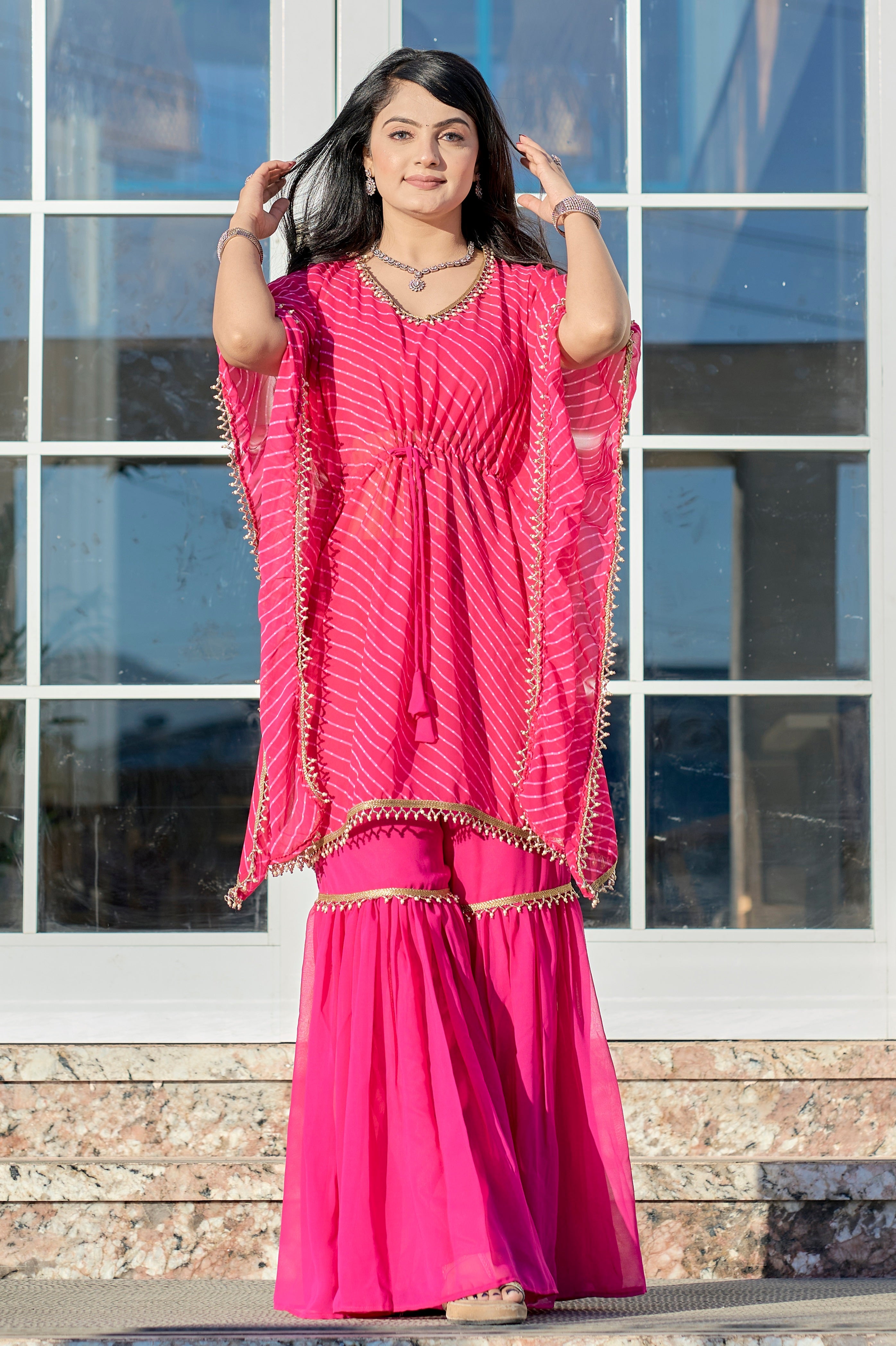 Vedant Vastram Leheriya Print Pure Georgette Sharara Cordset With Kaftan - Pink